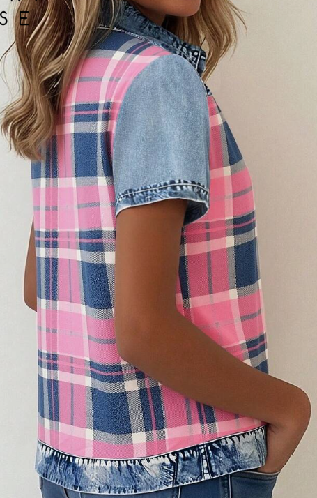 EMERY ROSE Casual Women's Summer Carnival Shirt, Denim Effect Pink Plaid, Loose Fit Collared Short Sleeve, Suitable For Carnival, Office, Daily Wear