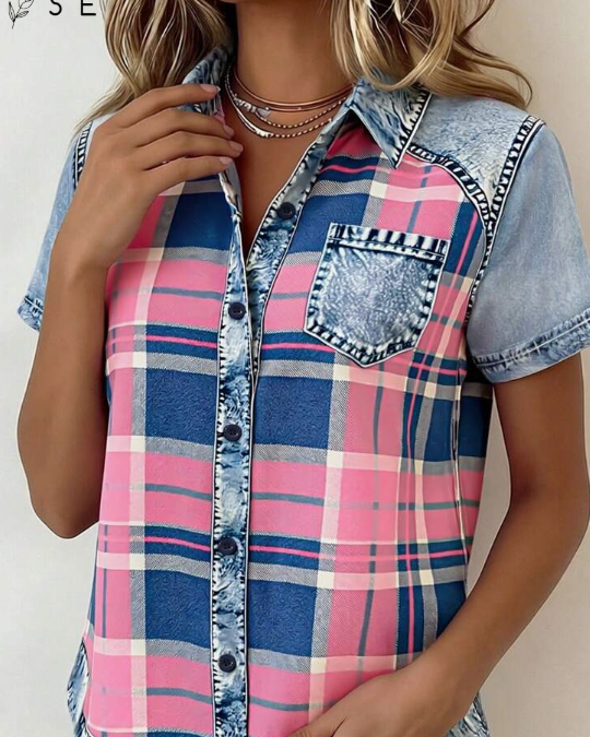 EMERY ROSE Casual Women's Summer Carnival Shirt, Denim Effect Pink Plaid, Loose Fit Collared Short Sleeve, Suitable For Carnival, Office, Daily Wear
