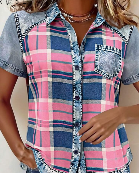 EMERY ROSE Casual Women's Summer Carnival Shirt, Denim Effect Pink Plaid, Loose Fit Collared Short Sleeve, Suitable For Carnival, Office, Daily Wear